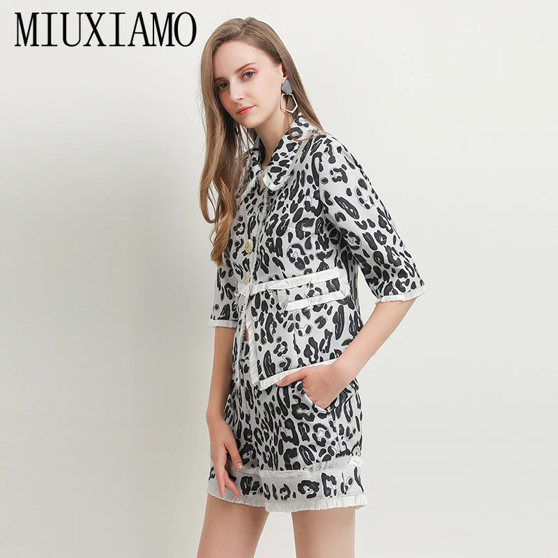 MIUXIMAO, лучшее качество,, офисный женский осенний комплект-двойка, элегантный топ с коротким рукавом, роскошный Леопардовый принт, костюмы для женщин, Vestido