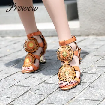 

Prowow New Genuine Leather Gladiator Fringe Floral Summer Sandals Open Toe Buckle Strap High Heel Sandals Shoes Women