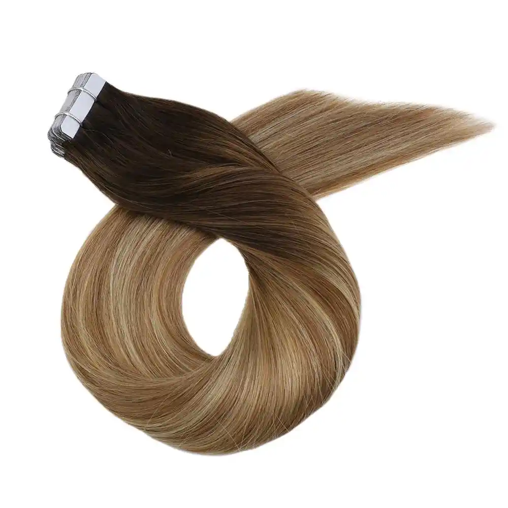Moresoo Tape In Hair Extensions Human Machine Remy Brazilian Hair Skin Weft Balayage Ombre Color 4 Fading To Brown And Blonde