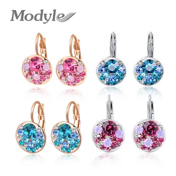 

Fashion Silver Color Austrian Crystal Dangle Earrings For Women Gold Color Round Shaped Shinning Drop Earrings Female Jewelry