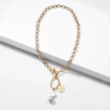 

LUNA CHIAO Gold Plating Thick Chain Necklace Baroque Fresh Water Pearl Coin Pendant Necklace for Women