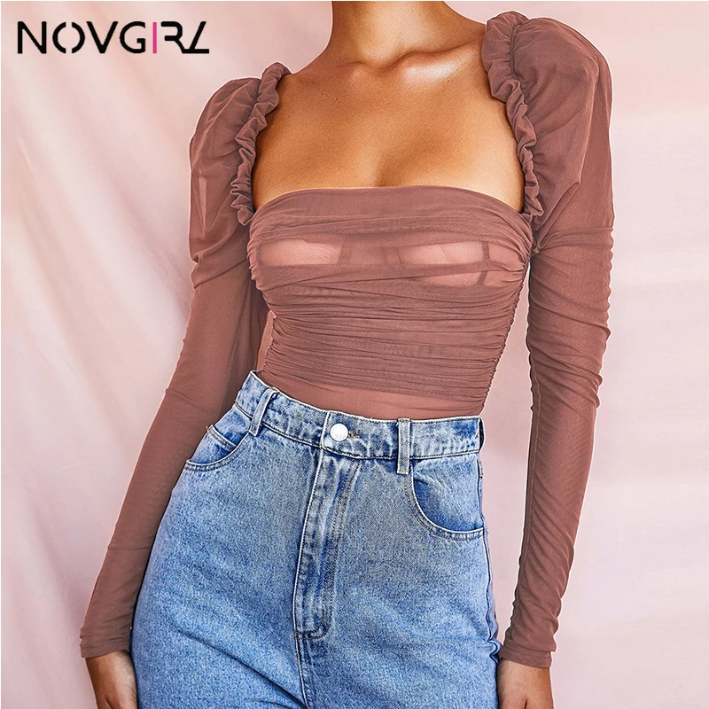 Novgirl сетчатый прозрачный для стройных сексуальное боди для женщин квадратный вырез длинный рукав открытая спина короткий комбинезон широкие брюки для клуба, вечеринок