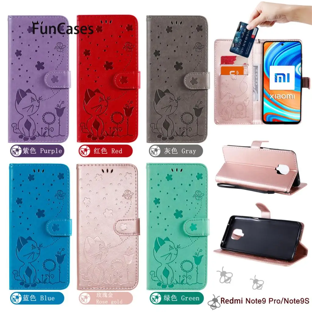 Wallet Phone Cases For Redmi Note 9S Cat And Bee PU Leather Book Flip Bag Cover Xiaomi Redmi Note 9S hoesje 9 Pro Etui Cool hong