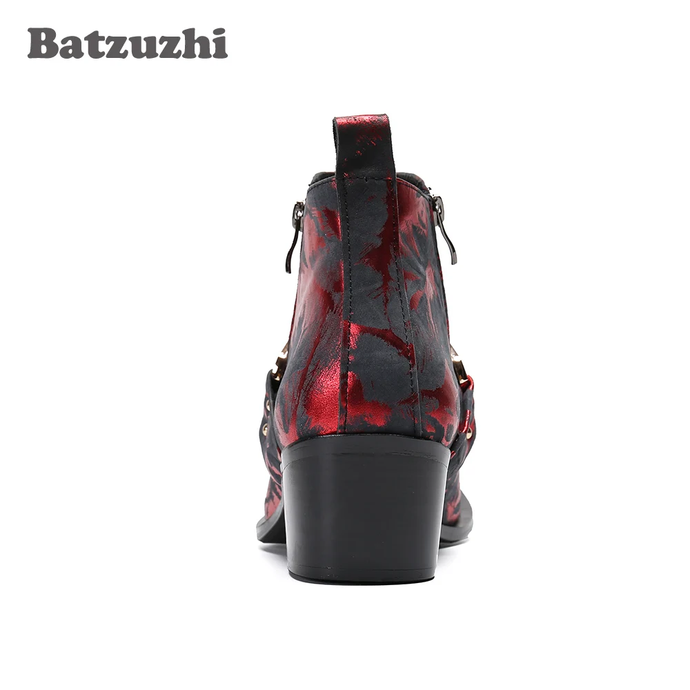 Batzuzhi Punk Men's Boots Golden Pointed Metal Tip Formal Leather Ankle Boots Men Wine Red Party and Wedding Motorcycle Boot Men