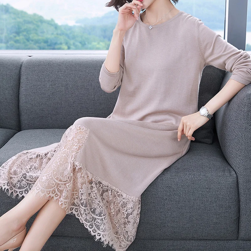 

Autumn & Winter Women Sexy Lace Fashion Solid Color Sweater Dress Long Wool Sweater Ladies Knitted Dress Pullovers