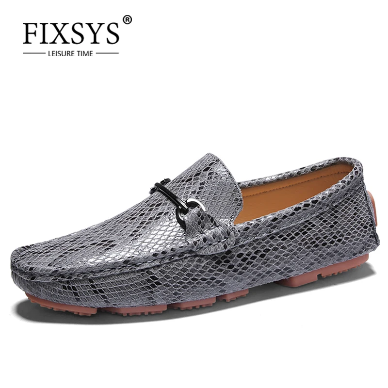 FIXSYS Mens Buckle Loafers Snake Pattern Moccasins Breathable Slip-on Man Boat Shoes High Quality Driving Soft Flat | Обувь