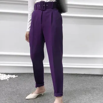 

Women elegant Purple pants sashes pockets zipper solid chic trousers ladies pantalones