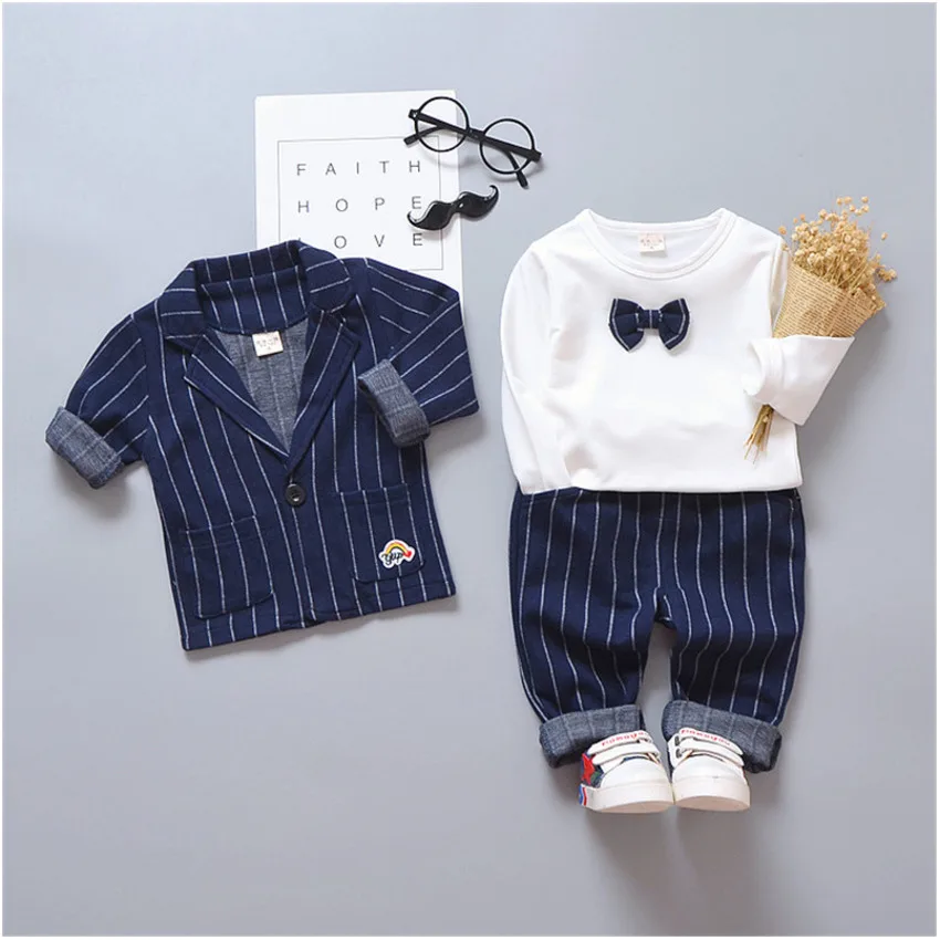 New Fashion Stripe Kid Children Suit Baby Boy Clothes Boys Clothing Coat+pant+T-shirt 3pcs Clothing Sets Baby Boy Clothing