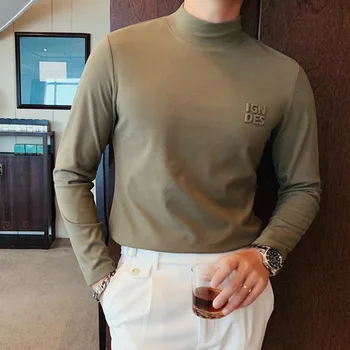 

Autumn Men Half-Turtleneck Army Green Letter Printing T-shirt Casual Vintage Double-sided Velvet Long Sleeve Slim Fit Men Tshirt