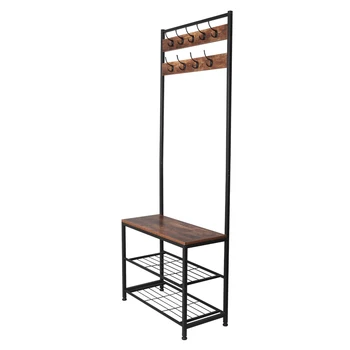 

【US Warehouse】Industrial Coat Rack, Hall Tree Entryway Shoe Bench, Storage Shelf Organizer, Accent Furniture with Metal Frame