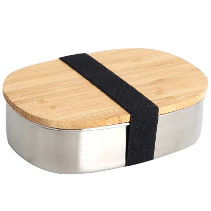 

Stainless Steel Lunch Box with Wooden Lid Japanese Style Lunch Box Portable Food Storage Bento Box for Family School Picnic Food