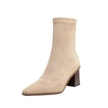 

Stretch fabric Women ankle Boots 2020 Winter Newest Thick high Heels ladies boots Retro Working Casual Shoes Woman