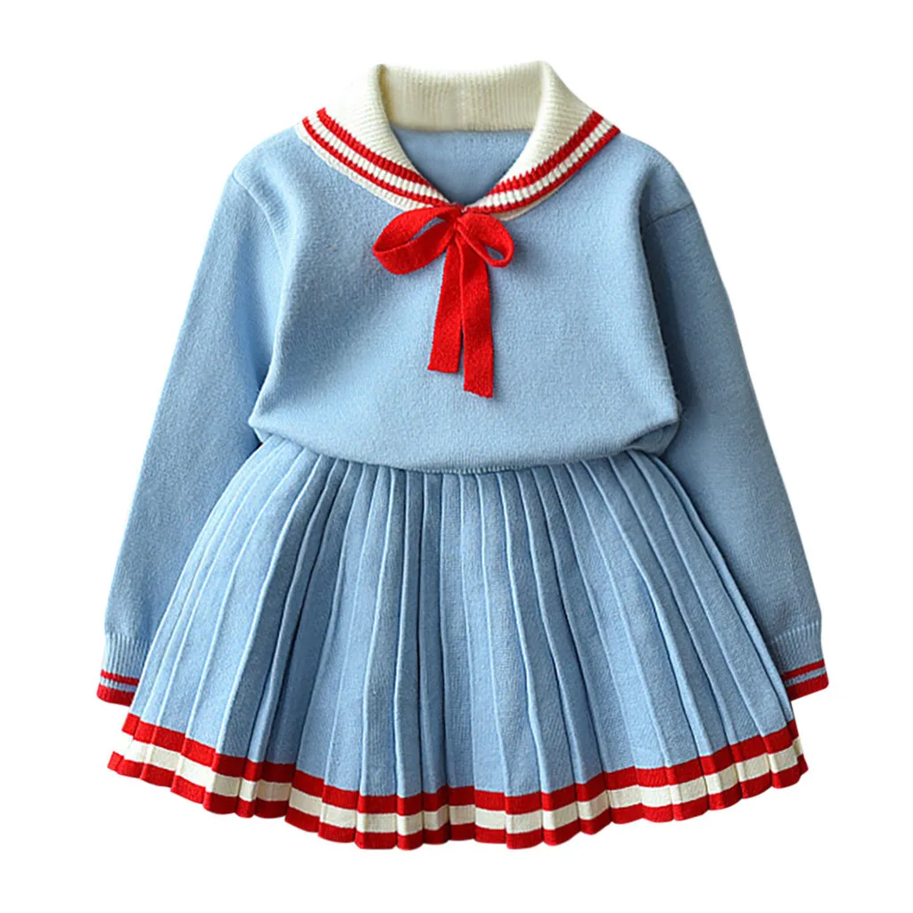 Baby Girls Clothes Toddler Kids College Style Bow Warm Sweater Knit Crochet Tops Ruched Skirt Set 12M-6Y H1014 - Цвет: Blue
