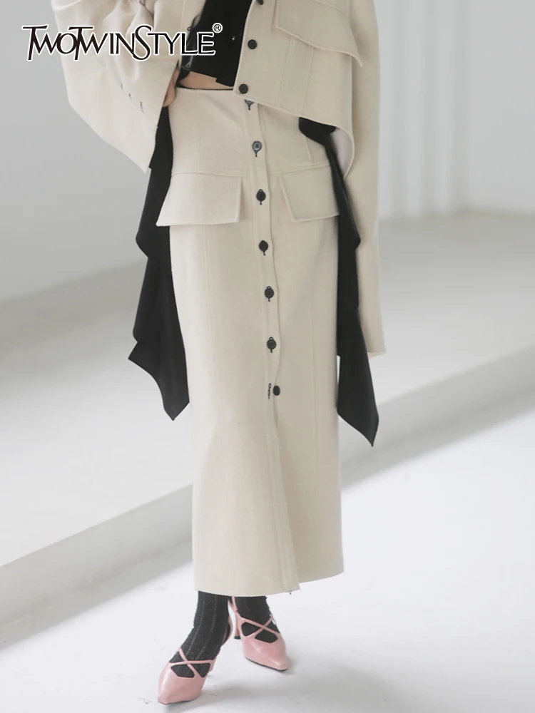 

TWOTWINSTYLE Fashion Straight Skirt For Women High Waist Solid Minimalist Split Midi Skirts Female Korean Clothes Style New 2022