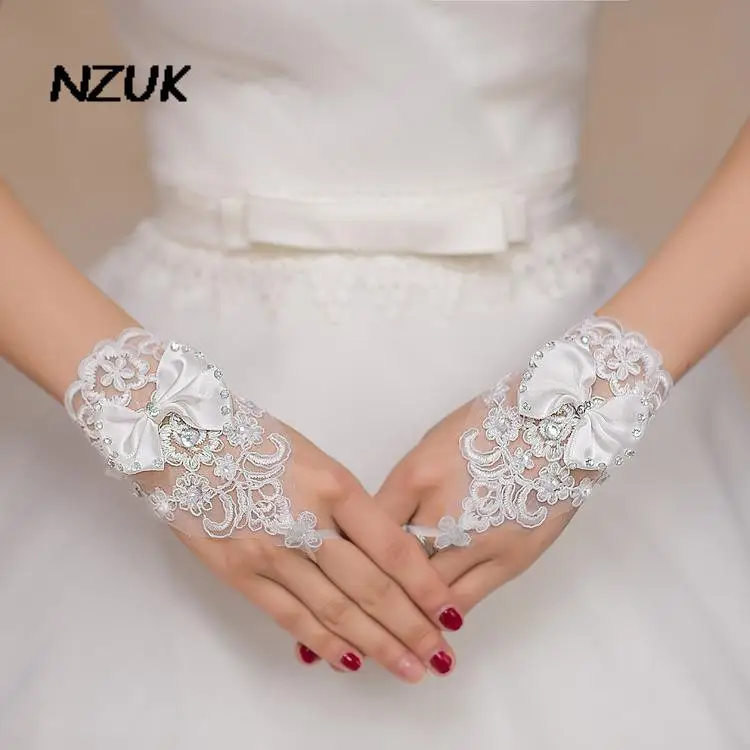 

NZUK 2022 Satin Fingerless Wedding Gloves with bow white lace Bridal rhinestone gloves accessories de mariage gants dentelle