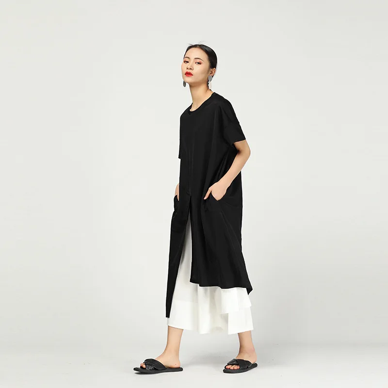 Модная льняная футболка с коротким рукавом и неровным Hemline, длинная футболка для женщин, новая летняя одежда, модные топы QF321