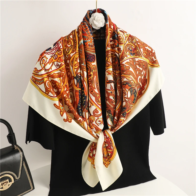 

Summer Twill Headscarf Women Print Square scarves Neckerchief Hand Foulard Ladies Headband Bandana 90*90cm Hair Scarves