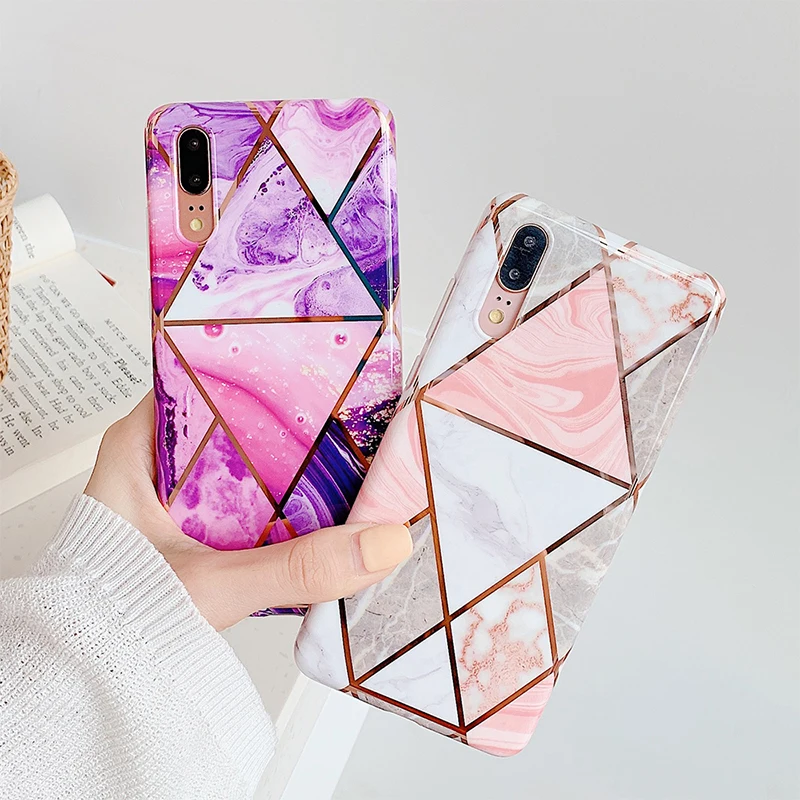 

Marble Texture Phone Cases For Huawei P20 P30 Pro Lite Mate 20 Pro Lite Anti-Shock Geometric Plating colorful Soft IMD Cover
