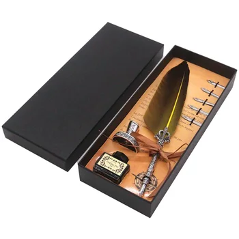 

5 Nibs Wedding Calligraphy Retro Style Fountain Pen Gift Box DIP Birthday Natural Feather Writing Stationery Quill Collection