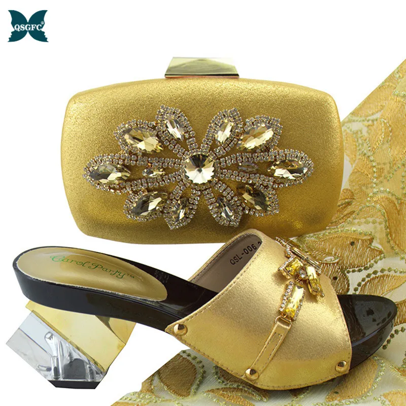 

Hot Selling African Ladies Shoes And Bag Set Italian Design Matching Shoes And Bag Set Nigerian For Wedding Party in Gold color