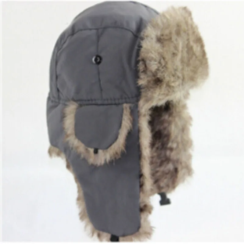 Утолщенная теплая шапка-ушанка ручной работы унисекс, лыжная шапка-Охотник Авиатор из искусственного меха, плюшевая шапка на пуговицах, зимняя шапка Харадзюку - Цвет: Серый