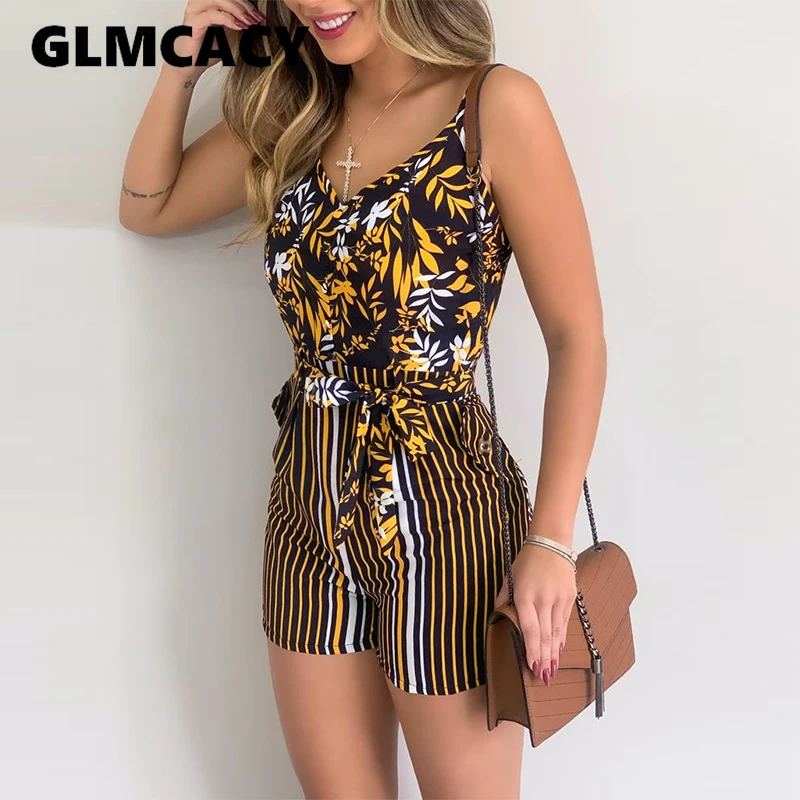 Women Tropical Print Knotted Design Romper Playsuits Sleeveless Casual Summer Holiday Beach Jumpsuits One Piece Rompers Monos Women Tropical Print Knotted Design Romper Playsuits Sleeveless Casual Summer Holiday Beach Jumpsuits One Piece Rompers Monos
