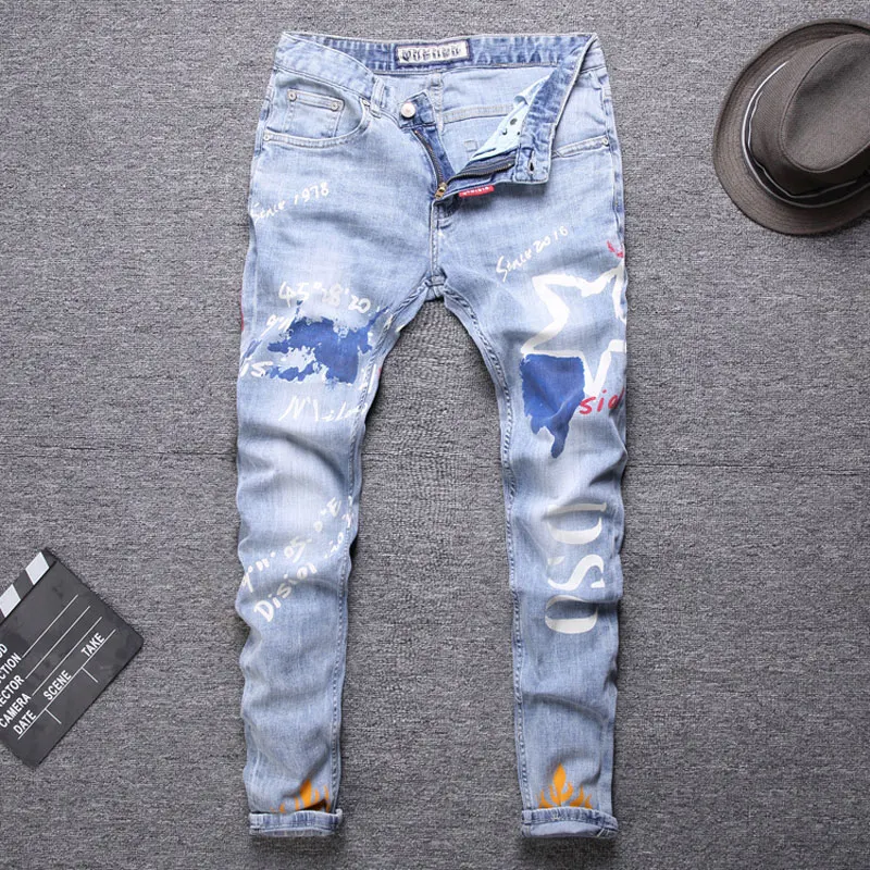 

2020 Printing Blue Color Streetwear Biker Jeans Fashion Men Jeans Slim Fit Spliced Designer Ripped Jeans Men Straight jeans