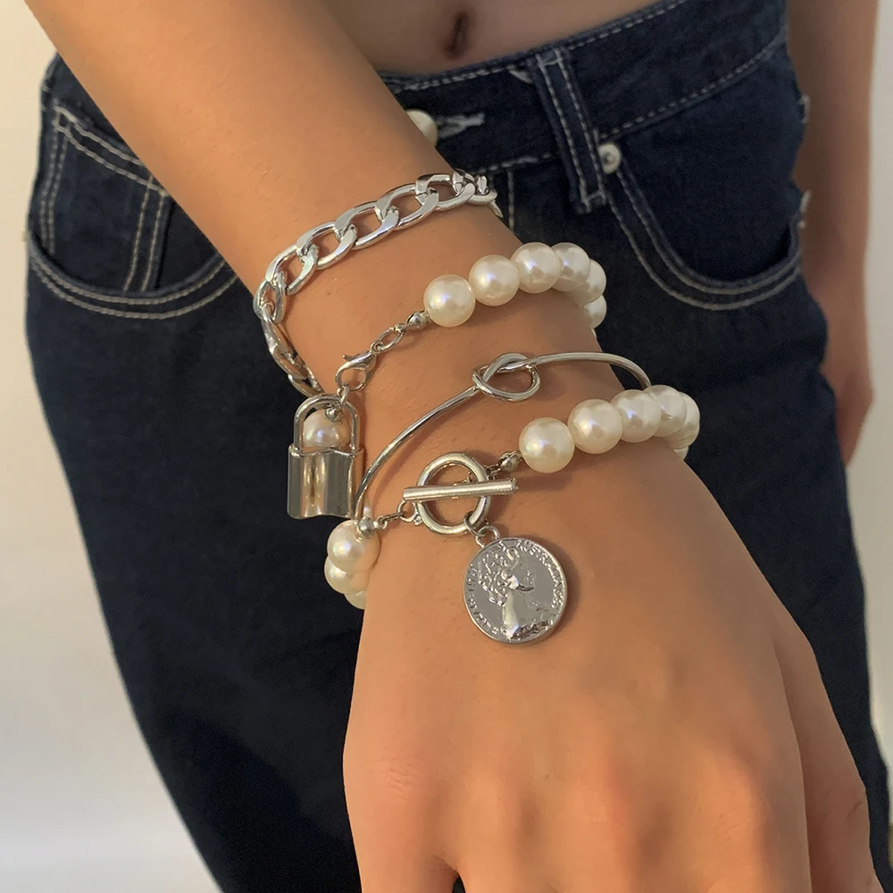 2020 Vintage Human Head Coin Lock Big Artificial Pearl Fashion Bracelets For Women Boho Multiple Layers Bracelet Set Jewelry | Украшения и