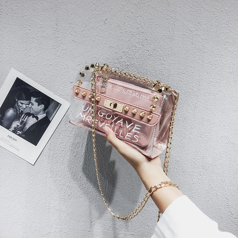 

Fairy Transparent Gel Bag 2018 Summer New Style Versatile Rivet Different Size Bags Chain Shoulder Bag Women's