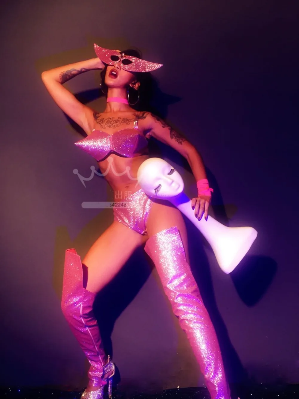 PU Leather Pink sparkle female Dance Outfits Sexy Bar Party Stage Costume Women Sets Nightclub DJ Singer Team Catwalk Clothes