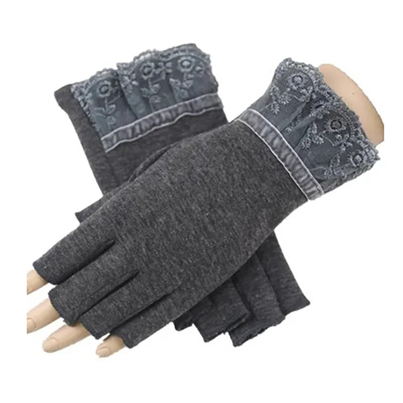 Winter Gloves Women Fingerless Lace Knitted Thermal Warm Half Finger Ladies Autumn Mitten Women Office Winter Hand Gloves Velvet