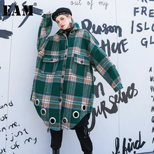 [EAM] свободное клетчатое пальто с разрезом большого размера, шерстяное пальто, парки, новинка, длинный рукав, женская мода, Осень-зима, 1H759