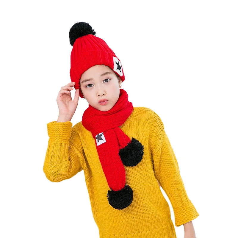 Лидер продаж, детские вязаные шапочки и наборы шарфов Hailball Beanies, вязаные детские зимние комплекты из 2 предметов, зимние шапки для детей, зимняя шапка - Цвет: Red