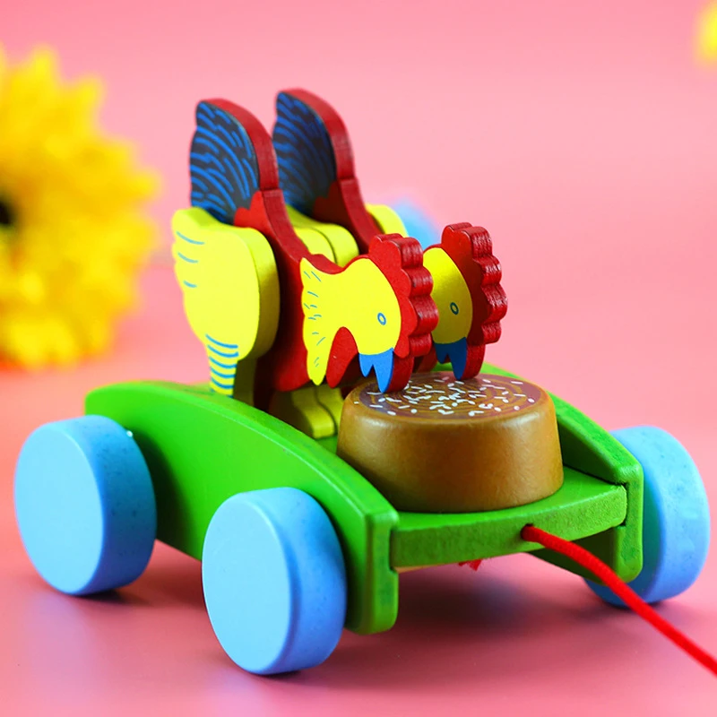 

Wooden Pull Along Chicken Toy For Baby Toddlers Early Educational Learning Toy Chick Peck Rice Games Classic Wind Up Toys