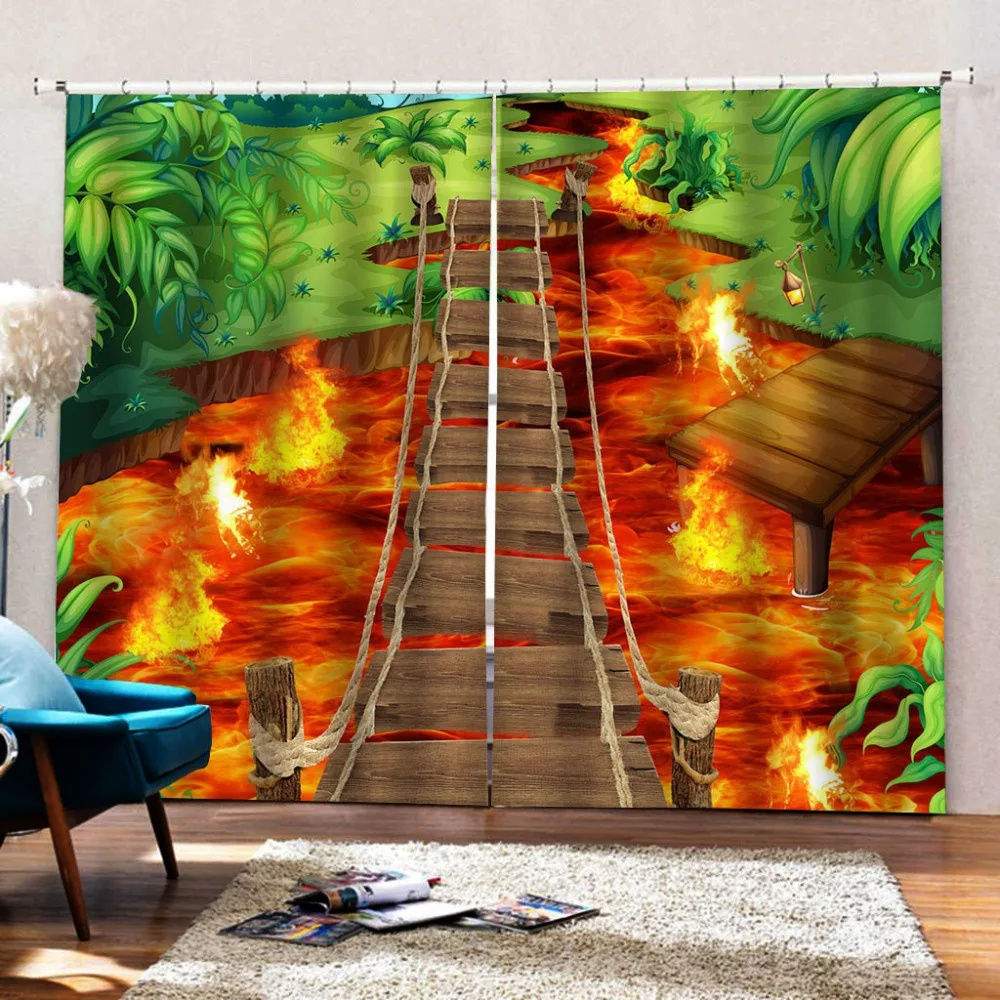 Red fire curtains wood birdge 3D Curtain Luxury Blackout Window Curtain Living Room Decoration curtains