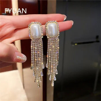 FYUAN Long Tassel Full Rhinestone Drop Earrings for Women  Square Pearl Geometric Dangle Earrings Fashion Jewelry Accessories