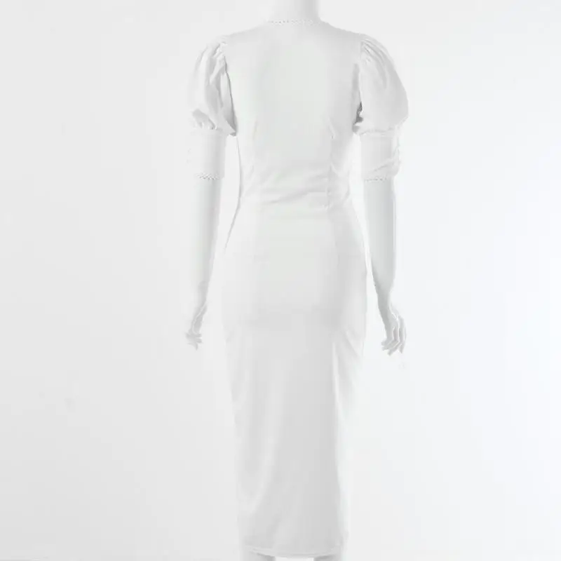 Ainyfu однотонное платье с пышными рукавами, сексуальное женское платье с глубоким v-образным вырезом, с открытыми пуговицами, с разрезом, длинное платье-карандаш, модное дамское повседневное осеннее платье