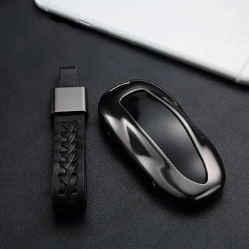 

For Tesla Model S Aluminum Alloy + Leather Automobile Car Remote Key Case Cover Shell Protector With Weave Buckle Accessories
