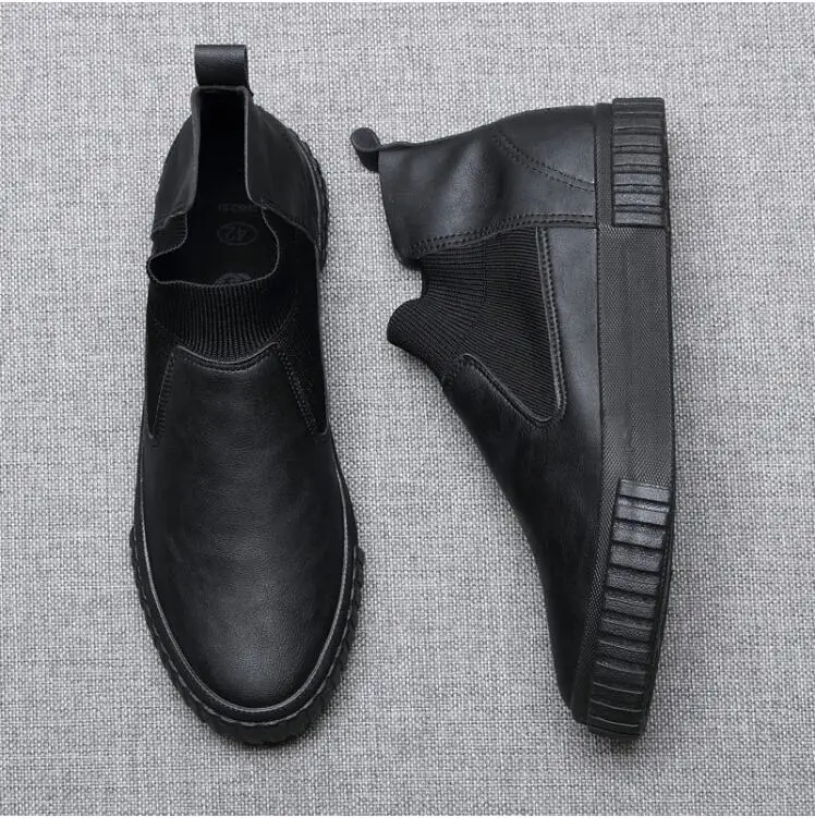 Mens Moccasins Casual high top slip on Leather Shoes Male Casual Shoes black gray Sneakers Leather flats shoes A22-03