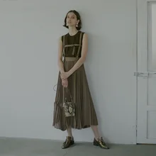 Women Suspender Pleated Long Elegant Vintage Lady Multi-strap Pleated Beach Ankle-Length Girls Students Comfortable Simple Skirt