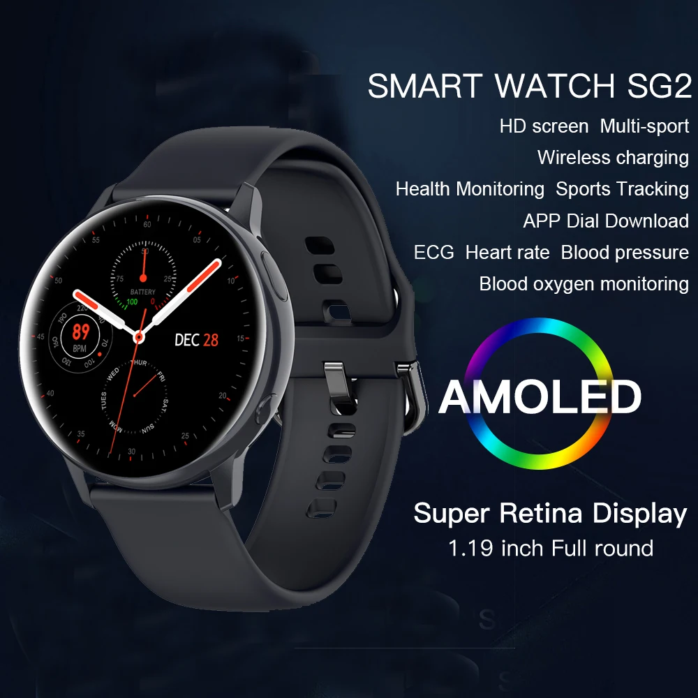 US $25.99 SG2 Full Touch Amoled 390390 HD Screen ECG Smart Watch Men Wireless Charing IP68 Waterproof Heart Rate BT 51 Smartwatch PK GT2