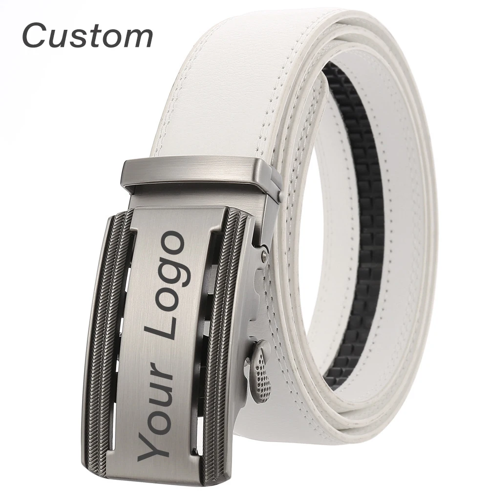 Personalized Mens White Leather Belt Business Custom Engraved Name Logo Men's Automatic Buckle Accessories Waistband Gifts new high quality eagle automatic buckle men belt luxury cowhide personalized carved belt casual men s genuine leather jeans belt