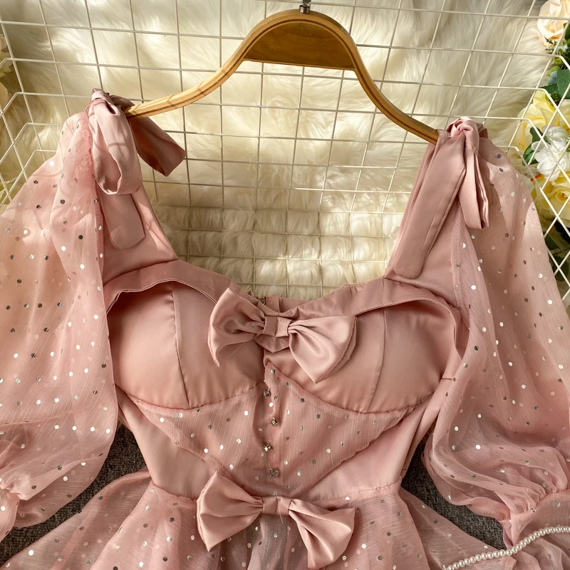 Модная винтажная Готическая блузка с бантом, блестящая розовая блузка с длинным рукавом и оборками, женские топы