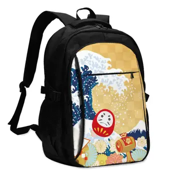 

Backpack USB Charge Women Japanese New Year Pattern Student Backpack Letters Print School Bag Teenager Girls Backpack