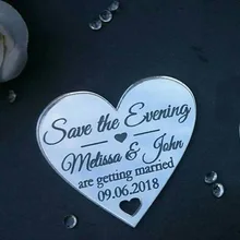 Сохранить дату персонализированное сердце магниты на холодильник лазерная резка выгравированные свадебные украшения серебряное зеркало