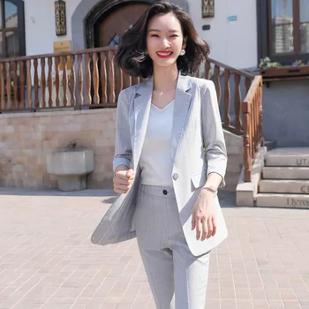 

Work Fashion Pant Suits Two Piece Set Women Single Button Plaid Blazer Jacket Trousers Office Lady Suit 2020 Big Size
