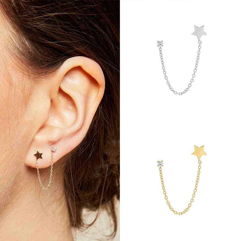 Real 100% 925 Sterling Silver Rainbow Moon Star Hoop Earrings for Women Crystal Zircon Chain Earring Gold Silver Ear Jewelry A30