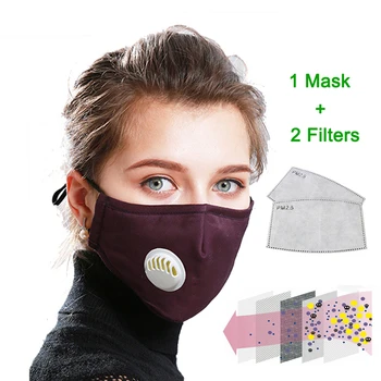 

1mask 2filters Breathable cotton Mask with Breathing valve Respirator Dust Masks with 5 layer filters mouth mask masque