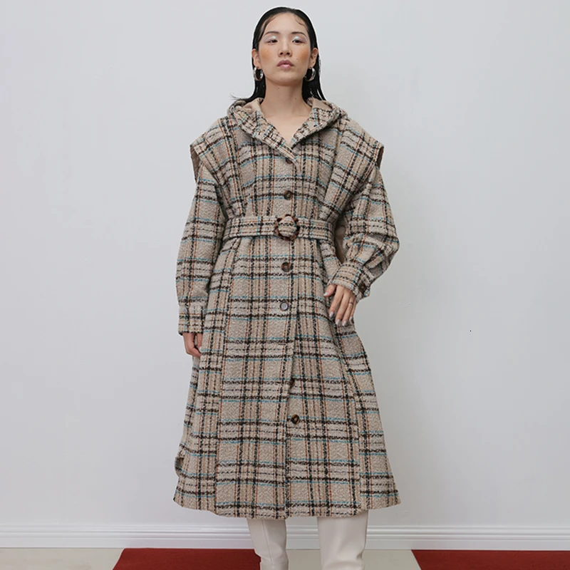 TWOTWINSTYLE корейское клетчатое лоскутное шерстяное пальто для женщин с капюшоном с длинным рукавом большого размера свободные женские пальто осенняя одежда Новинка