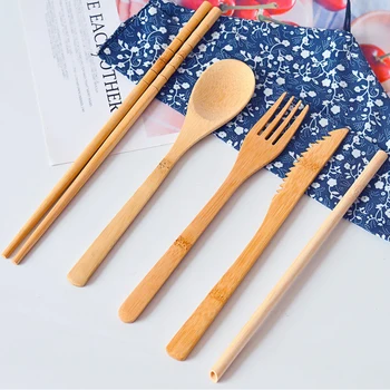 

AIRCHR Bamboo Tableware 50pcs(10 set) 100% Natural Bamboo Spoon Fork Knife Chopsticks Straw Set Wooden Cutlery